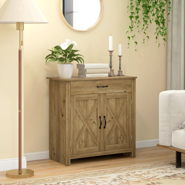 English Elm HOMCOM Rustic Farmhouse Sideboard Buffet Cabinet with Barn Doors, Drawer & Adjustable Shelves for Entryway Natural Wood W2225P229125