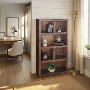 English Elm 64-inch Bookcase in Whiskey Finish — Knotty Alder Solid & Veneer, Distressed Rustic Modern Look, Fully Assembled B108P160197