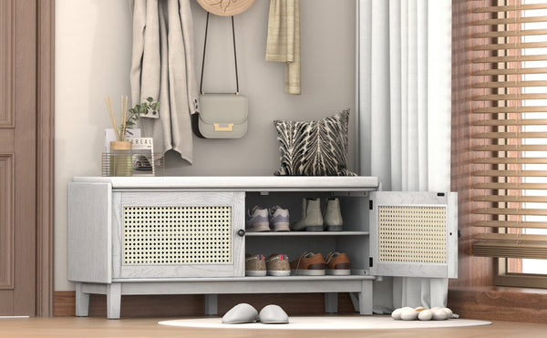 English Elm Trexm Bohemian Rattan Storage Bench Cushioned Seat Shoe Cabinet for Entryway Beige,Gray Wash N715P308012E