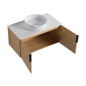 English Elm 36" Modern Wall-Mounted Bathroom Vanity With Ceramic Vessel Sink & Soft-Close Doors For Stylish Space W999S00448