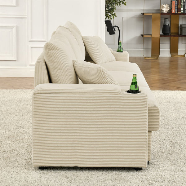 English Elm L-Shaped Modern Sofa With Ottoman, Storage, Cup & Phone Holders - Beige Corduroy Comfort For Living Rooms W1117S00209