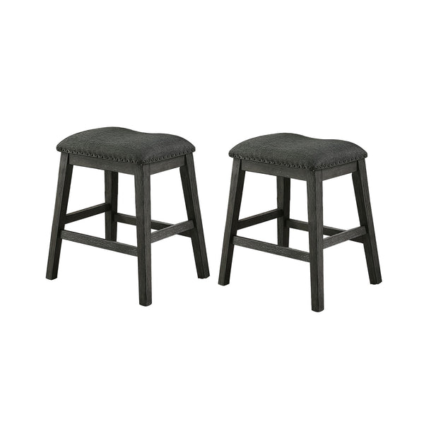 English Elm Linen-Fabric Solid Oak Padded Counter Stools Set of 2, Dark Grey Upholstery, X-Back Farmhouse Comfort and Charm SR011790