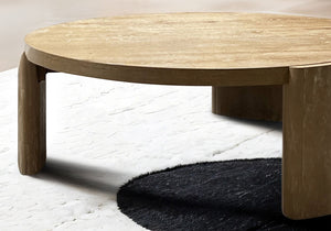 English Elm Modern Round Coffee Table 42" DIA x 15" H Oak Finish Plinth Base Rubberwood Modern Living Accent B2741P360632