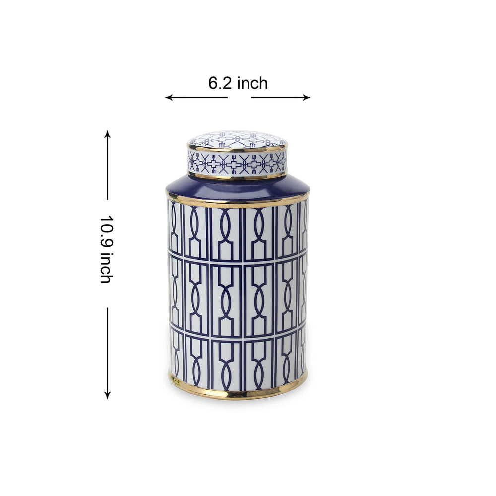 English Elm Elegant White Ceramic Ginger Jars Set With Blue Geometric Pattern - Versatile Decor & Storage Solution B030S00081