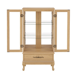 English Elm Curio Lighted Glass Display Cabinet with Adjustable Shelves, Vintage Drawer & Carved Metal Handle, Dark Finish Light Oak W2275P199814