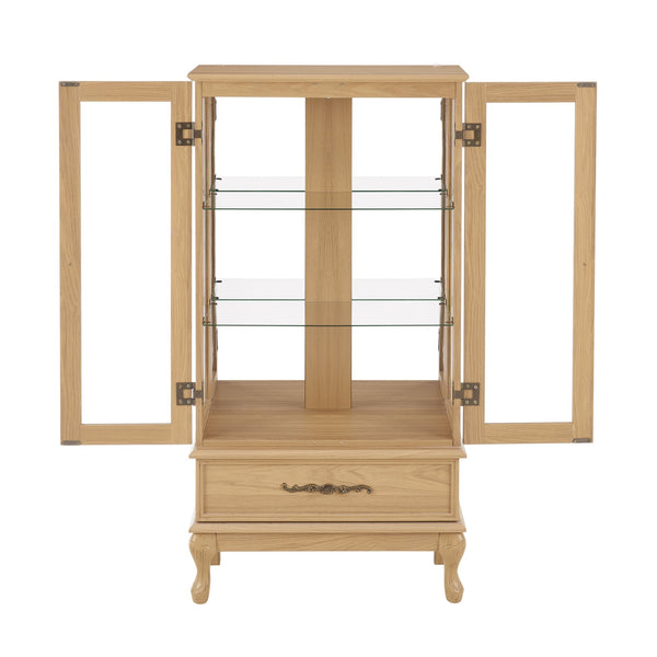 English Elm Curio Lighted Glass Display Cabinet with Adjustable Shelves, Vintage Drawer & Carved Metal Handle, Dark Finish Light Oak W2275P199814