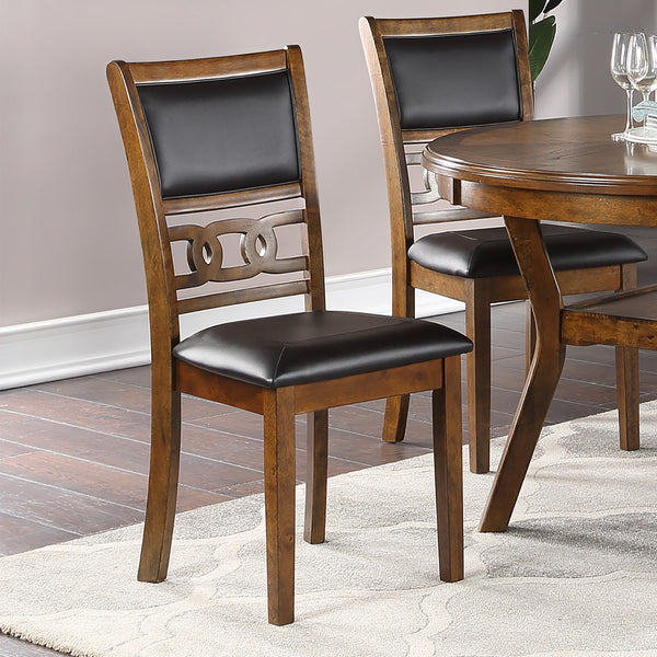 English Elm Set of 2 Upholstered Dining Chairs Walnut Knot Design Black Faux Leather Padded Seats, Solid Wood Legs SR011813
