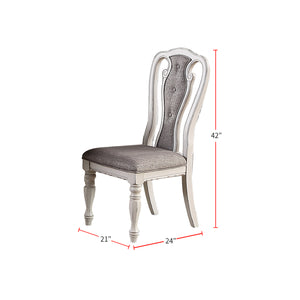 English Elm Light Grey Upholstered Dining Chair Set of 2, Vintage White Wood Legs, Engraved Detail, Compact Stylish Seating SR011825