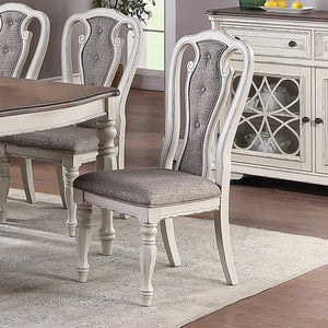 English Elm Light Grey Upholstered Dining Chair Set of 2, Vintage White Wood Legs, Engraved Detail, Compact Stylish Seating SR011825