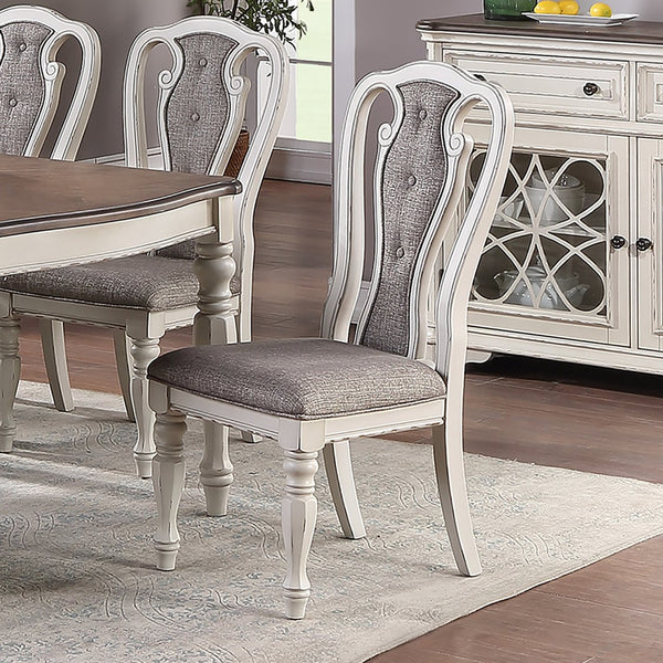 English Elm Light Grey Upholstered Dining Chair Set of 2, Vintage White Wood Legs, Engraved Detail, Compact Stylish Seating SR011825