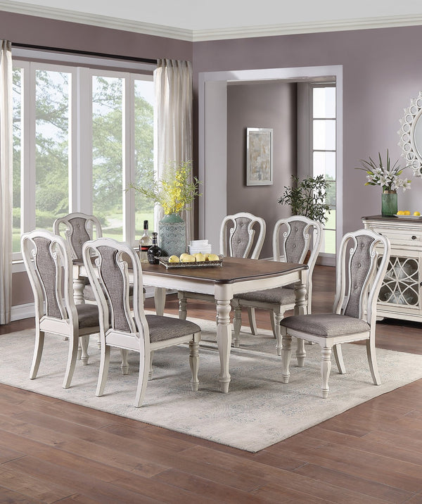 English Elm Light Grey Upholstered Dining Chair Set of 2, Vintage White Wood Legs, Engraved Detail, Compact Stylish Seating SR011825