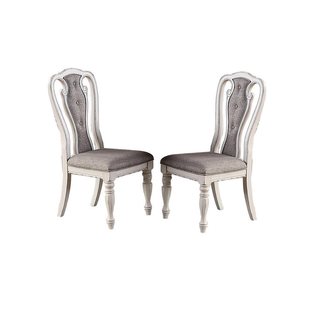 English Elm Light Grey Upholstered Dining Chair Set of 2, Vintage White Wood Legs, Engraved Detail, Compact Stylish Seating SR011825