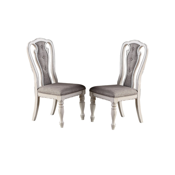 English Elm Light Grey Upholstered Dining Chair Set of 2, Vintage White Wood Legs, Engraved Detail, Compact Stylish Seating SR011825
