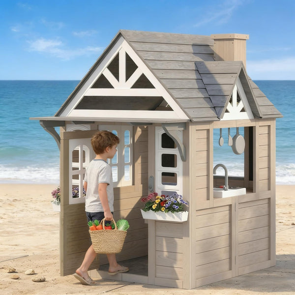 English Elm Backyard Fir Wood Kids Playhouse with Plant Boxes Retro Windows and Rain Resistant Roof T3971P491775