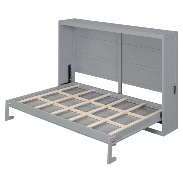 English Elm Full Size Murphy Wall Bed with Rattan Panel Cabinet for Studio and Guest Rooms Gray N708S00011E-2