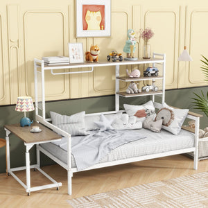 English Elm Twin Metal Daybed With Movable Desk, Shelves & Clothes Hanger - Ideal For Small Spaces & Dorms! N737P199195K-GIGA