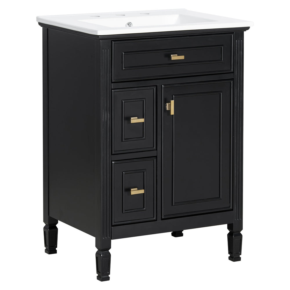 English Elm 24-Inch Bathroom Vanity with Sink, Solid Wood & MDF, Ceramic Top, Gold Handles, Flip Drawer Design Black N725P350824B