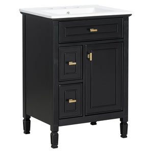 English Elm 24-Inch Bathroom Vanity with Sink, Solid Wood & MDF, Ceramic Top, Gold Handles, Flip Drawer Design Black N725P350824B