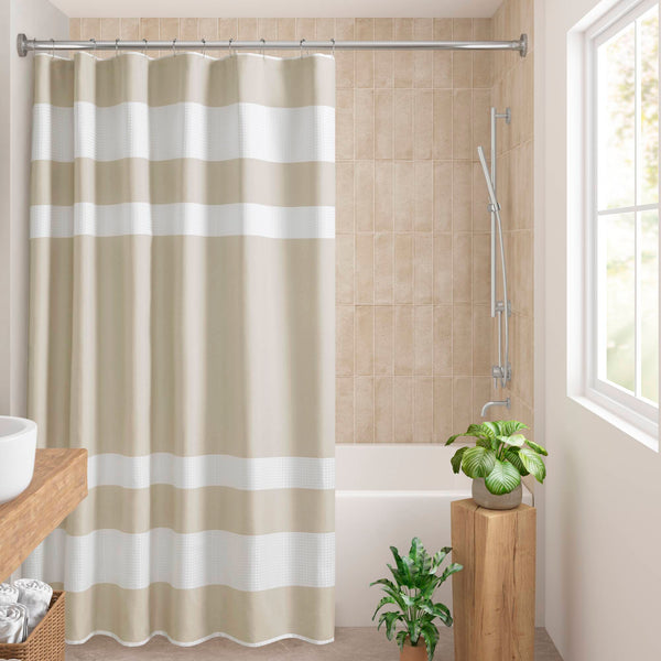 JLA Home Madison Park - Shower Waffle Curtain with 3M Scotchgard Water-Repellent Finish, Textured Stripe for Spa Ambiance Taupe MP70-4977