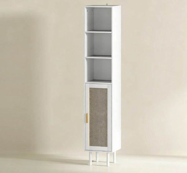 English Elm Nordic Tall Bathroom Storage Cabinet with Woven Rattan Doors and Open Shelving T3971P430677