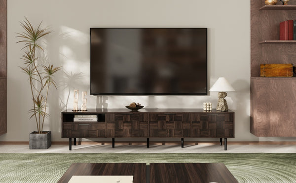 English Elm 78 Mid Century Modern TV Stand for 65–85" TVs with 3 Soft-Close Cabinets, Deep Drawer & Open Shelf (Walnut) N710P293264Q