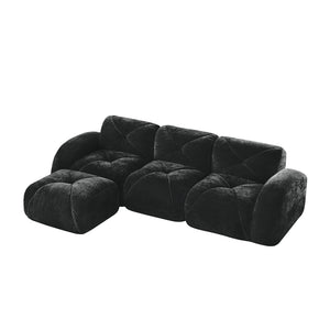 English Elm L-shaped Velvet Sectional Sofa Tufted Modular Seating with Ottoman for Living Room Black W714S01627