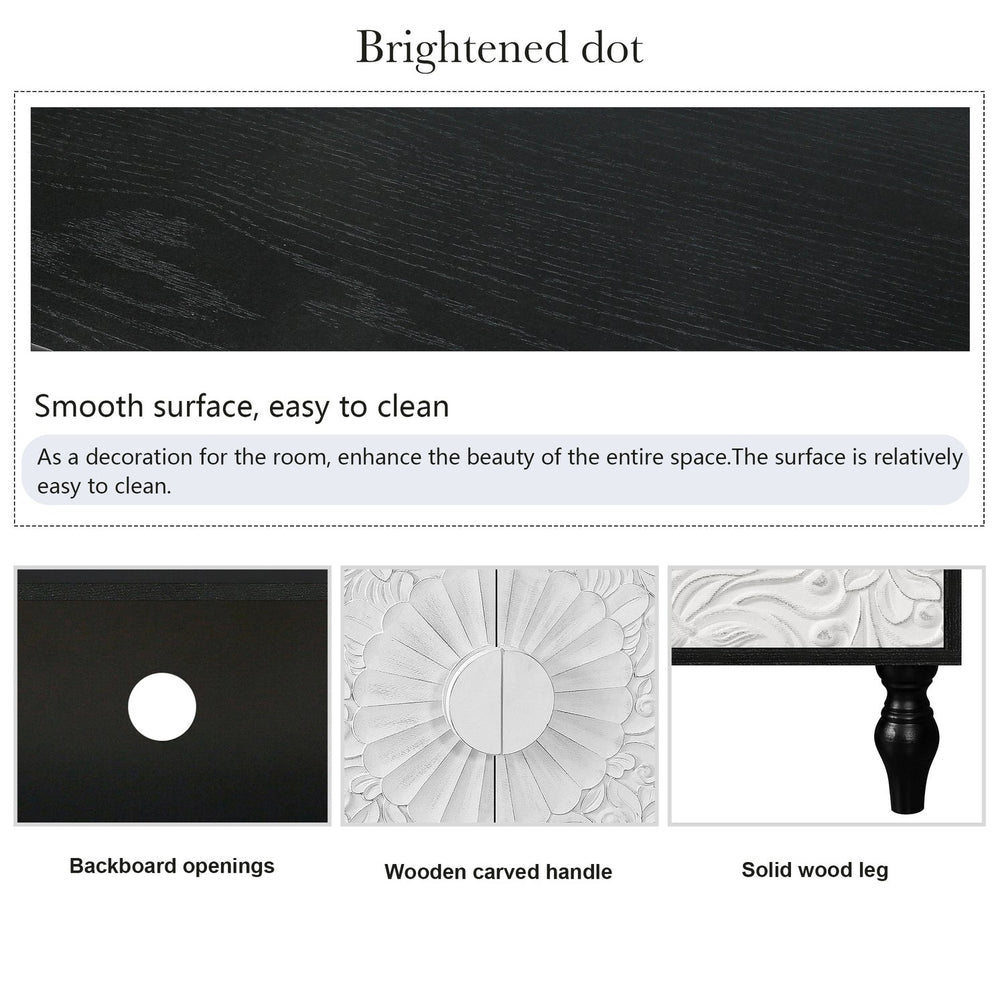 English Elm Vintage White Faceted Carved Sculpture Doors with Black Gloss Frame TV Stand — Elegant Luxe Design W1445P164173