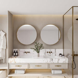 English Elm 31.5 Round Metal Framed Medicine Cabinet with Mirror and Adjustable Shelves for Stylish Bathrooms Gold W1435P194675