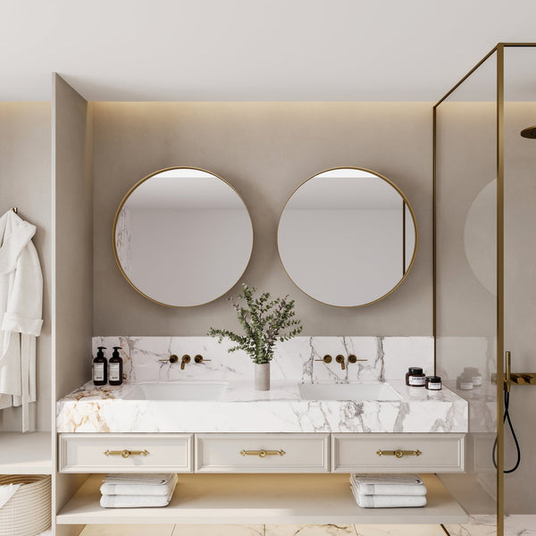 English Elm 31.5 Round Metal Framed Medicine Cabinet with Mirror and Adjustable Shelves for Stylish Bathrooms Gold W1435P194675