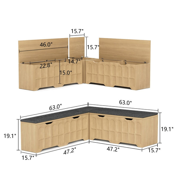 English Elm 3-piece L-shaped Corner Storage Bench Modular Flip Top Seat for Bedroom Entryway W1162P418408
