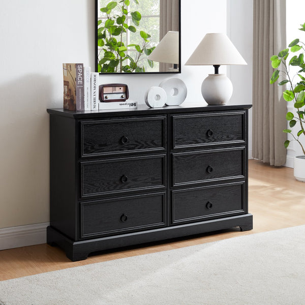 English Elm Modern 6-Drawer Chest of Drawers for Bedroom — Spacious Wooden Dresser with Smooth Glide Drawers, Elegant Patterned Top Black W2275P224406