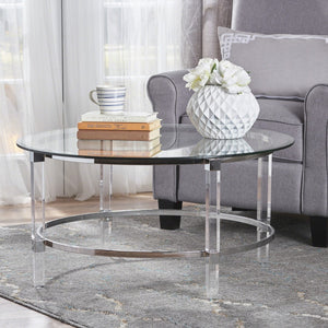 Christopher Knight Home® - Noble House - Elowen Modern Round Tempered Glass Coffee Table with Acrylic and Iron Accents