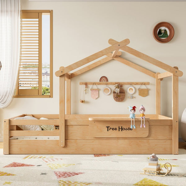 English Elm Twin Low Loft Bed Solid Pine Frame with Built-in Led Lighting and Storage Shelves Natural W1580P396331