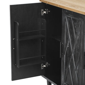 English Elm K&K Farmhouse Kitchen Island with Geometric Twill Doors, ASH Bark Top, Drop Leaf & Lockable Wheels Black N707P221444B