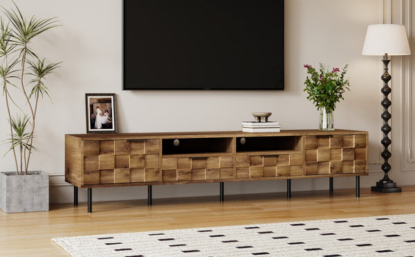 English Elm Mid retro TV Stand for TVs up to 85" — Medieval-inspired media console with 2 drawers, 4 cabinets, cable management Natural N710P193724P