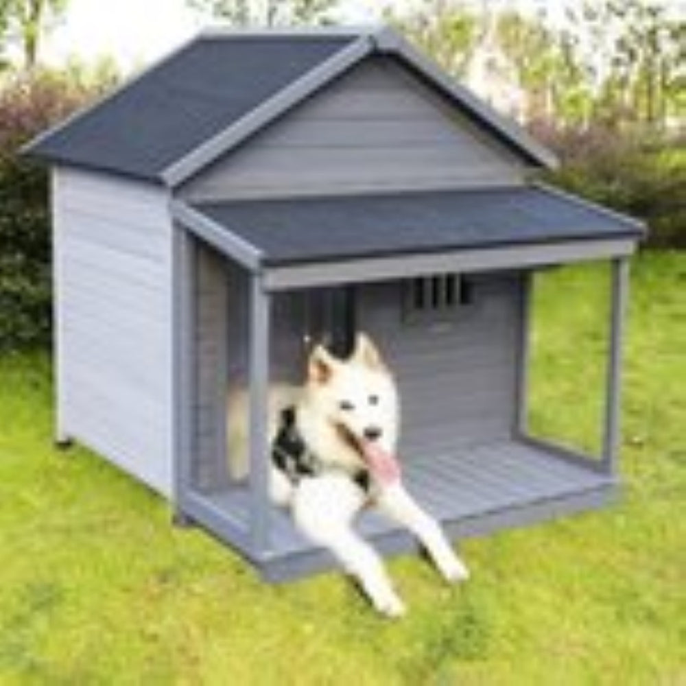 English Elm Large Breed Outdoor Doghouse Solid Fir Wood Covered Porch Weatherproof Asphalt Roof W1431S00011