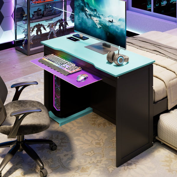 English Elm Twin Wood Gaming Daybed with Trundle Built-in Desk Rgb Lighting and Usb Port Black+Blue LT000283AAC