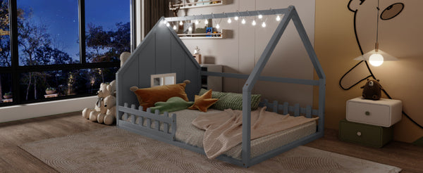 English Elm Full House Bed Frame with Window & Fence Playhouse Design, Sturdy Pine/MDF, Safe 400lb Capacity Gray N709P215545E