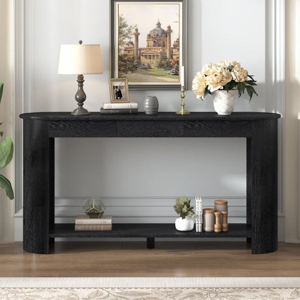 English Elm U_style Oak Veneer Console Table with 3 Drawers Open Shelf Entryway Hallway Storage Black N711P395523B