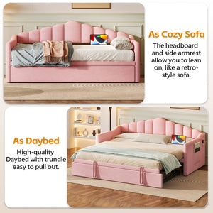 English Elm Upholstered Twin Daybed with Pop up Trundle Velvet Frame and Built in Usb Charging Pink N733S410648H