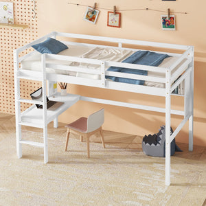 English Elm Twin Loft Bed with Built-In Desk and Bookcase, Pine Frame, Safety Guardrail, Ladder for Study Space White W504P181854