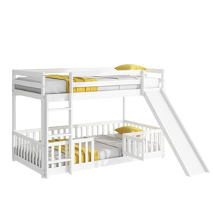English Elm Twin Over Twin Floor Bunk Bed With Slide & Ladder - Solid Pine Wood, White Finish, Safe & Fun Design! W504S00190-GIGA