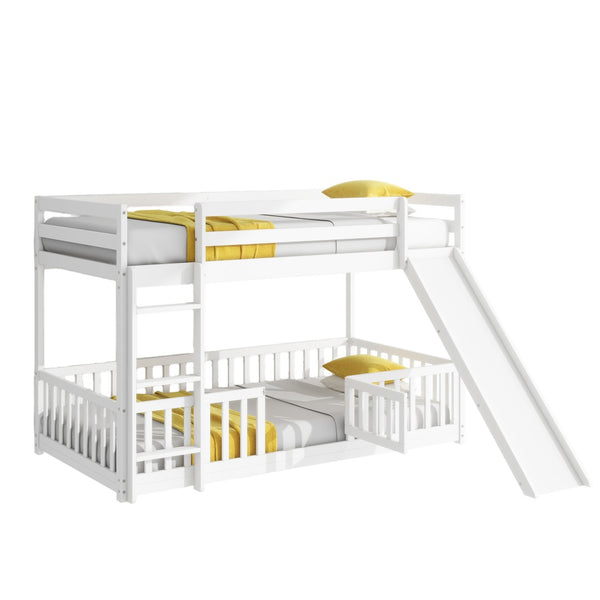 English Elm Twin Over Twin Floor Bunk Bed With Slide & Ladder - Solid Pine Wood, White Finish, Safe & Fun Design! W504S00190-GIGA