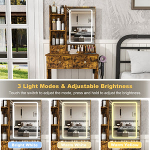 English Elm Modern Vanity Desk with Led Mirror 3 Drawers Built-in Outlet and Matching Chair Antique Brown W509P465834