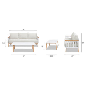 English Elm Jennifer Taylor Home - Calarono Teak & Aluminum 2pc Outdoor Sofa + Coffee Table Set in Sand Dune Chenille — Durable, UV‑Resistant Comfort and Modern Slatted Design B2719P320845