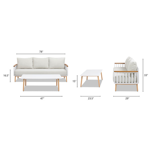 English Elm Jennifer Taylor Home - Calarono Teak & Aluminum 2pc Outdoor Sofa + Coffee Table Set in Sand Dune Chenille — Durable, UV‑Resistant Comfort and Modern Slatted Design B2719P320845
