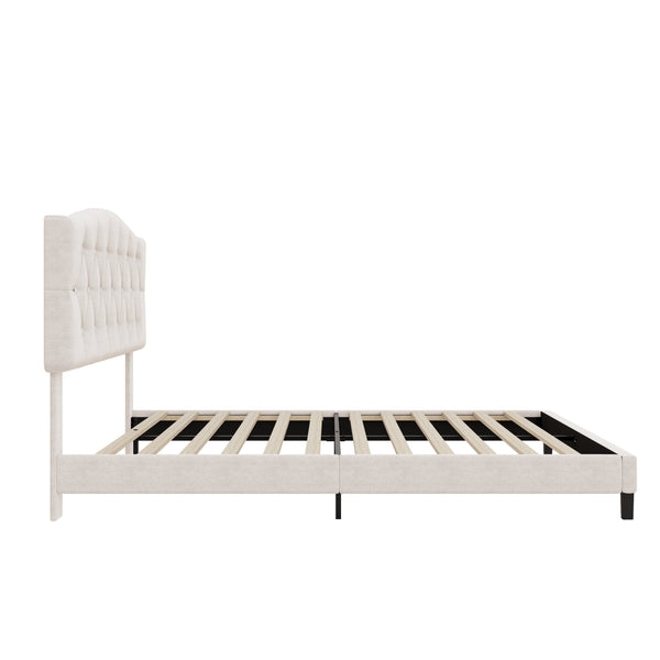 English Elm Upholstered Diamond-Tufted Platform Bed with Two-Position Adjustable Headboard and Sturdy Support Beige 59.25 L x 26.93 W x 5.24 H N701P342940B