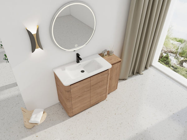 English Elm 48" Floating Bathroom Vanity Dual Ceramic Vessel Sinks Oak Finish Soft Close Doors W999S00512
