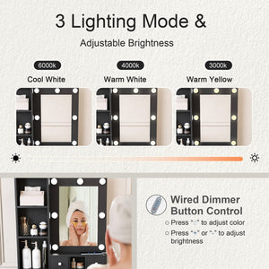 English Elm Vanity compact dressing desk with LED mirror, 3-color dimmable lights, drawers, stool, outlet Black W2699P345801