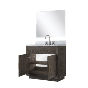 English Elm Brown Oak Single Bath Vanity Set With Carrara Marble Top, Chrome Faucet & 34" Frameless Mirror Included B2731S01952